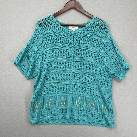 Vtg Teddi Sweater Womens 1X Blue Crochet Button Front Floral Embroidery Cottage - Picture 1 of 8